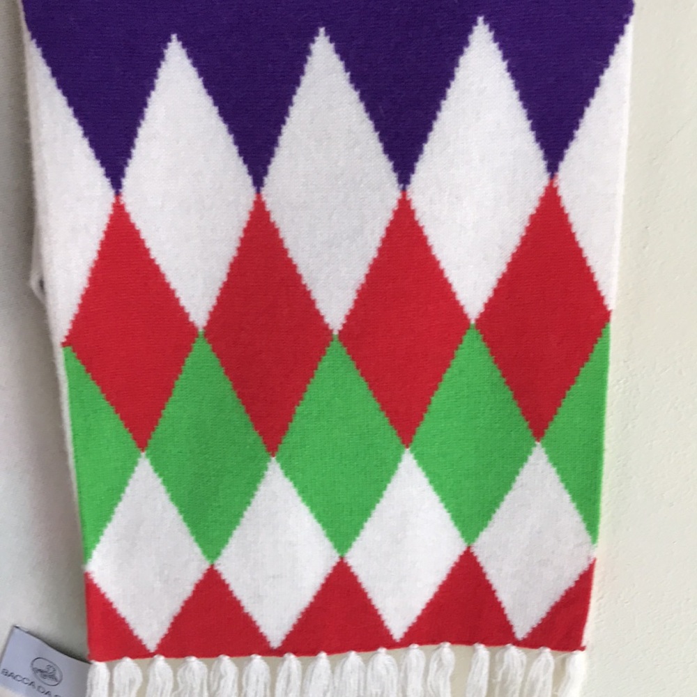 NWT Cashmere scarf Extra long rectangle Holiday red & green & purple & cream - Picture 8 of 10